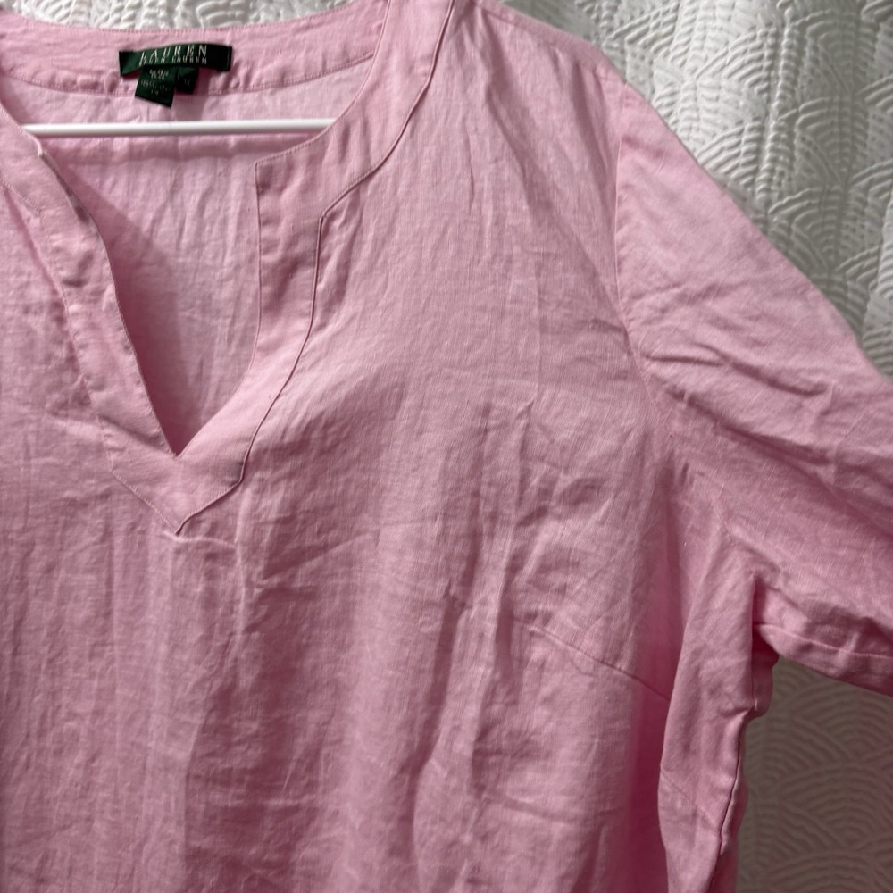 Lauren Ralph Lauren Women's Pink 100% Linen Quiet Luxury 1X Top Blouse - Picture 2 of 6